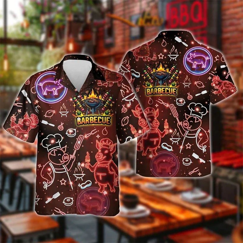 Barbecue Feest Patroon Hawaiian Shirt Mannen Schattig Varken 3d Geprint Korte Mouw Blouses Mode Aloha Shirts Mannelijke Knoop Revers Tops