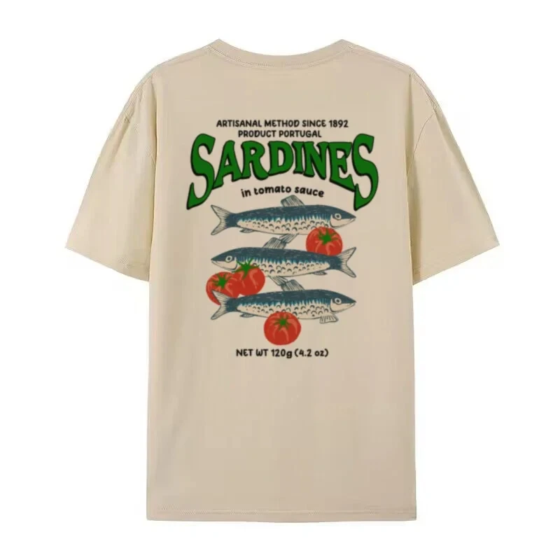 المرأة الصيف الرجعية البرتغالية السردين تي شيرت الشارع نمط تي شيرت الجمالية الغذاء تي شيرت الرجال والنساء عطلة