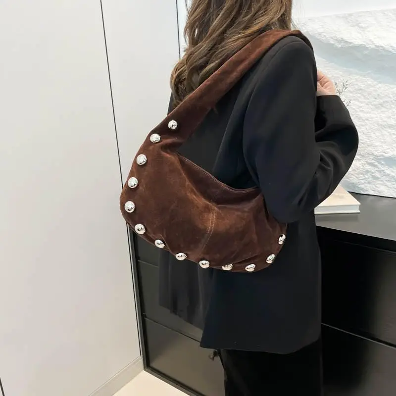 حقيبة يد نسائية من جلد الغزال المتشرد مرصعة بالكتف بلون سادة حقيبة يد عصرية للعمل والسفر والتسوق #5