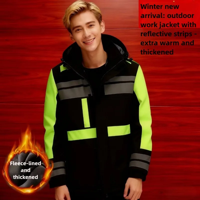 

Men's Winter Work Jacket, Thick Fleece Lined Reflective Waterproof Windproof Outdoor Parka