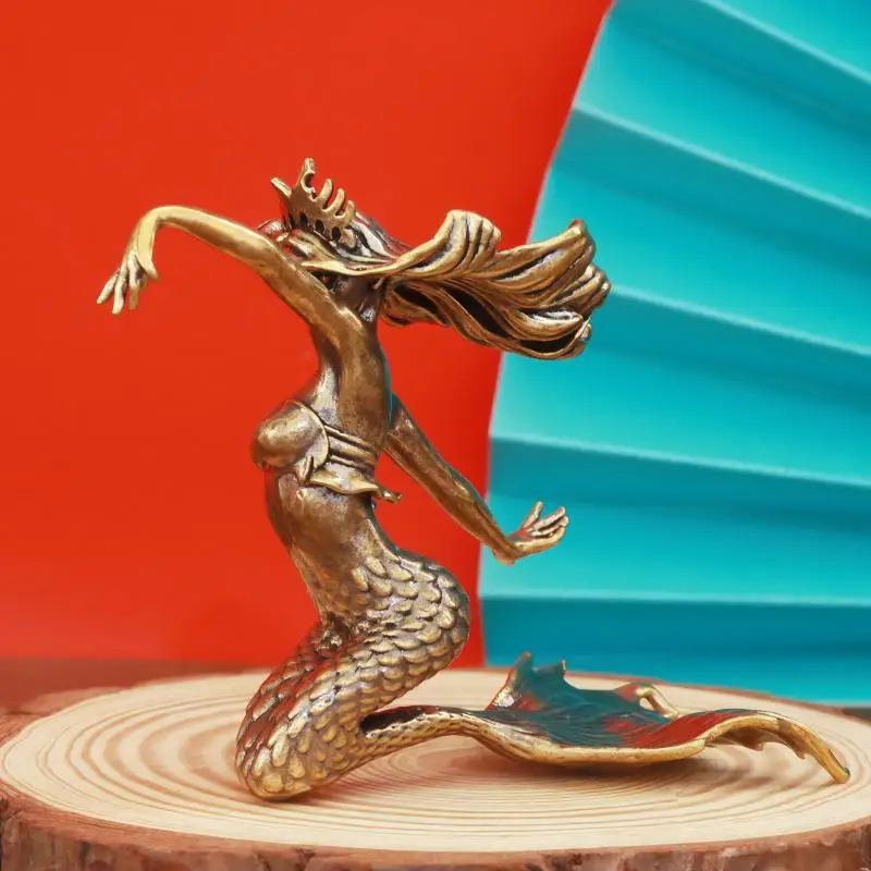 Miniature Brass Mermaid Statue Retro Beauty Character Figurine Small Desktop Shelf Office Living Room Decor Collectible