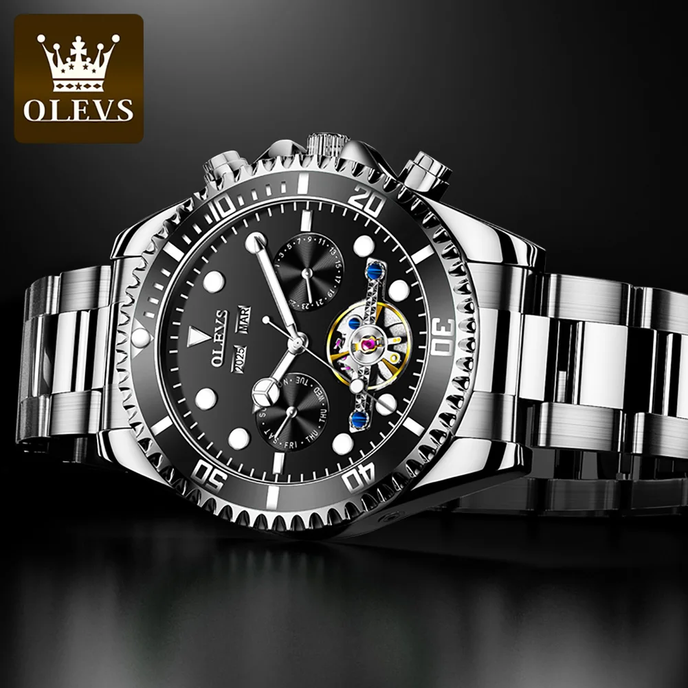 OLEVS 6605 Luxury Top Brand Automatic Watches for Men Skeleton Flywheel One-Way Rotation High end Mechanical Men\'s Wrist Watches