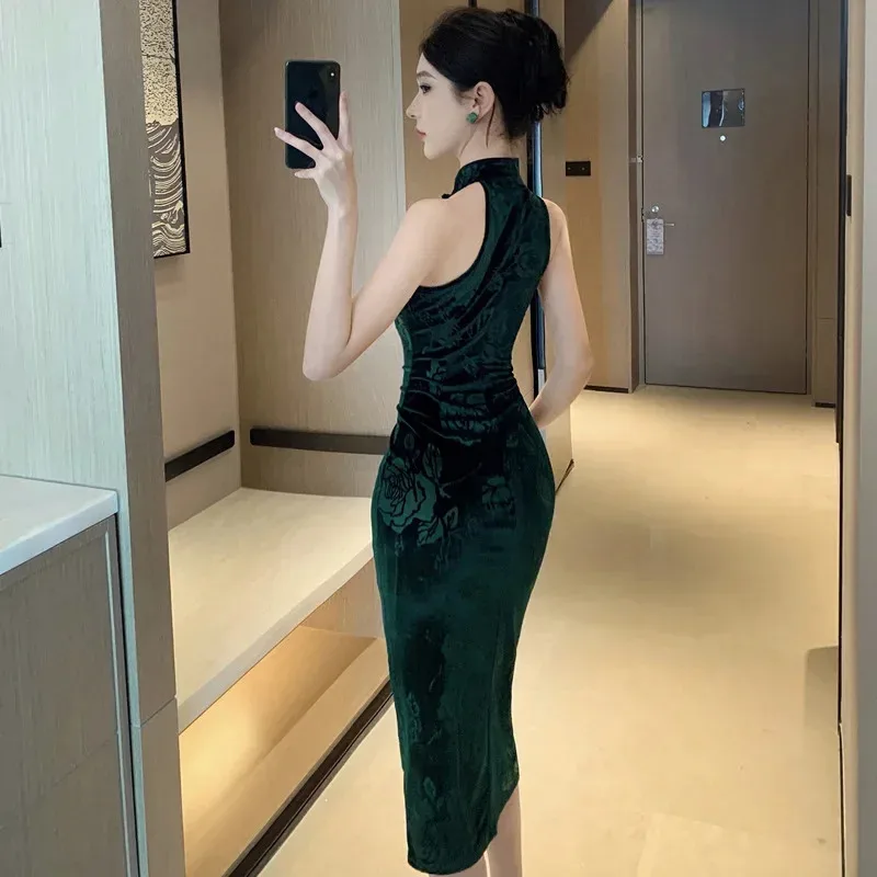 빈티지 그린 프린트 Cheongsam 새로운 중국 스타일 벨벳 드레스 섹시한 분할 Vestidos 레이디 가을 드레스 Qipao Vestidos