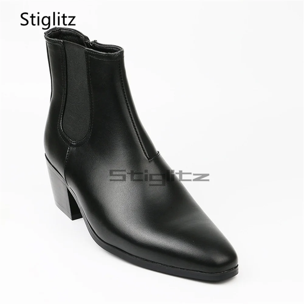 Black High Heels Chelsea Boots for Men Pointed Toe Slip On Boots Pu Leather Side Zip Ankle Boots Male Britihs Business Shoes