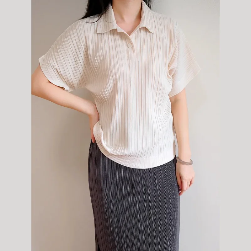 Fold Miyake Pleated Shirt Women Short Sleeve Button Collar Loose 2026 Spring Summer Office Lady Elegant Chic Popular Style Look