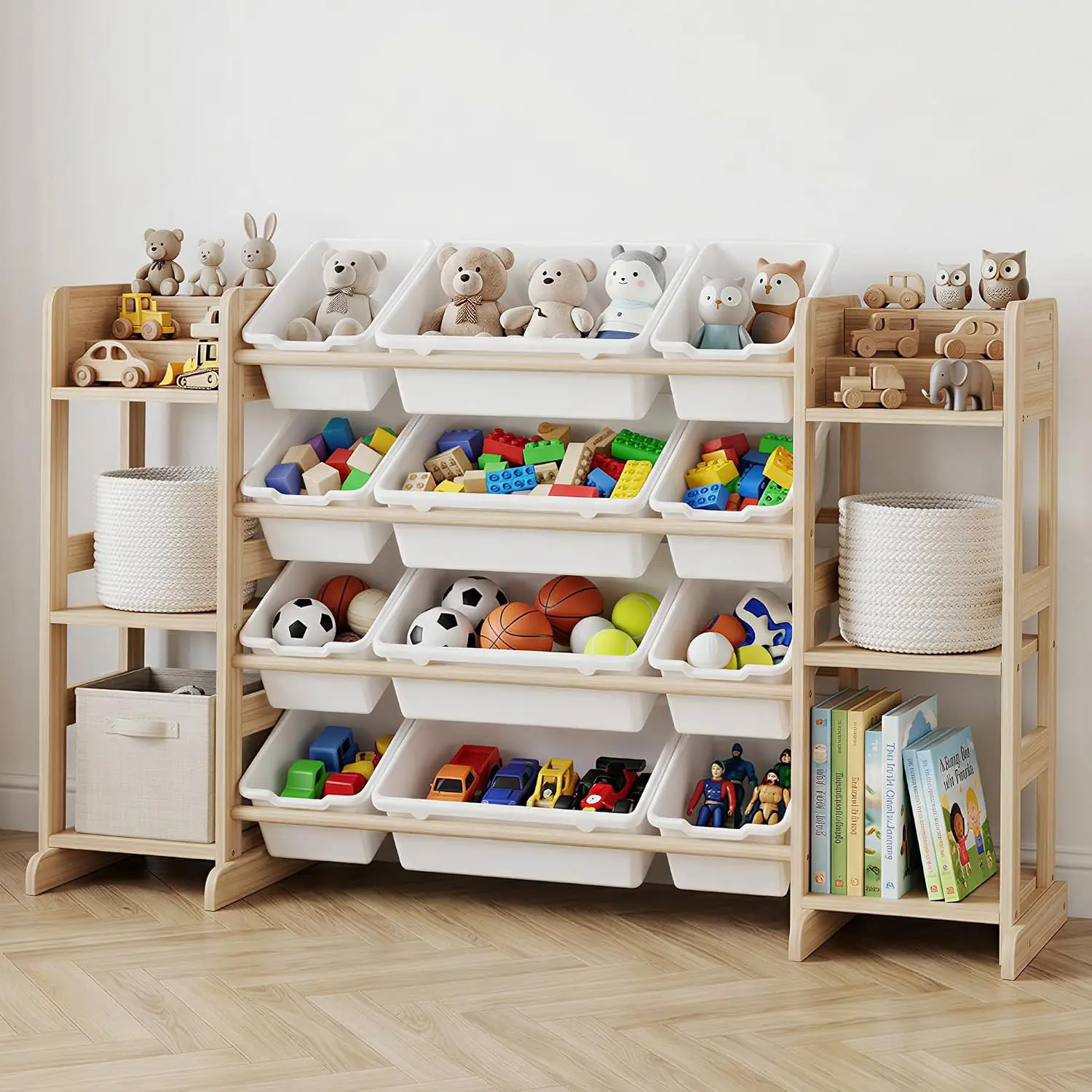 Wooden Toy Storage Cabinet with Bins and Shelves
