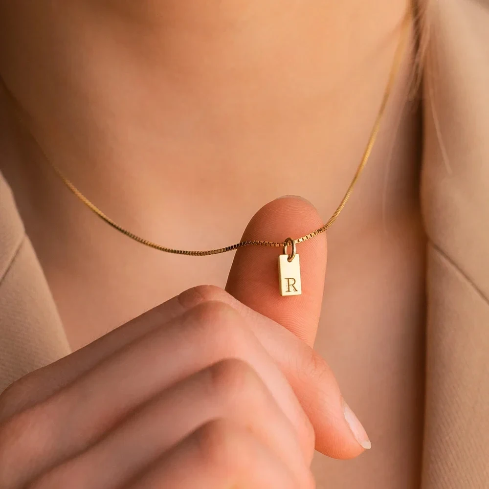 Gold Color Stainless Steel Initial Necklaces Tiny Chain A-Z Letter Mini Rectangle Pendant Necklace for Women Girls Jewelry Gift