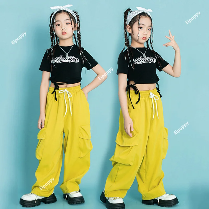 

Hip Hop Girls Crop Top Yellow Cargo Pants Child Tie Up T-shirt Joggers Streetwear Clothes Sets Kids Street Dance Jazz Costumes