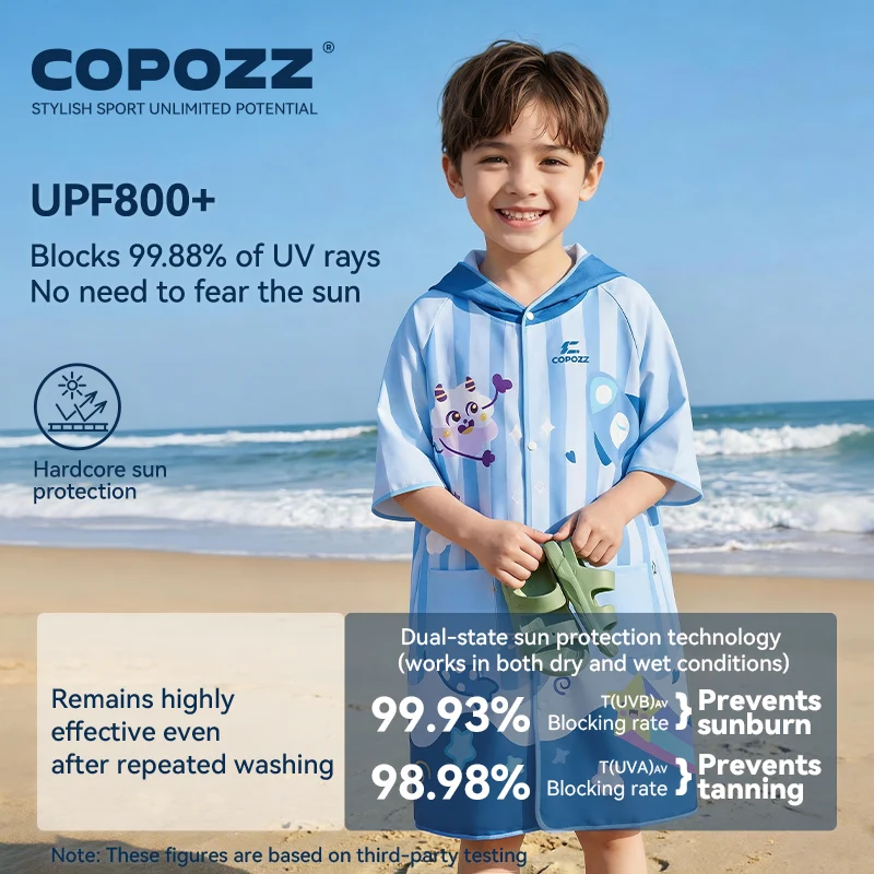 COPOZZ UPF50+ Sun Protection Surf Poncho Pocket Towel Water Sports Hooded Robe Microfiber Beach Blanket Bath Poncho for Children
