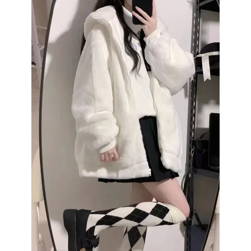 Women Zip Hoodie Thicken Fuzzy Fleece Sweatshirts Harajuku Bear Ear Oversize White Coats Cute Soft Winter Outerwear New