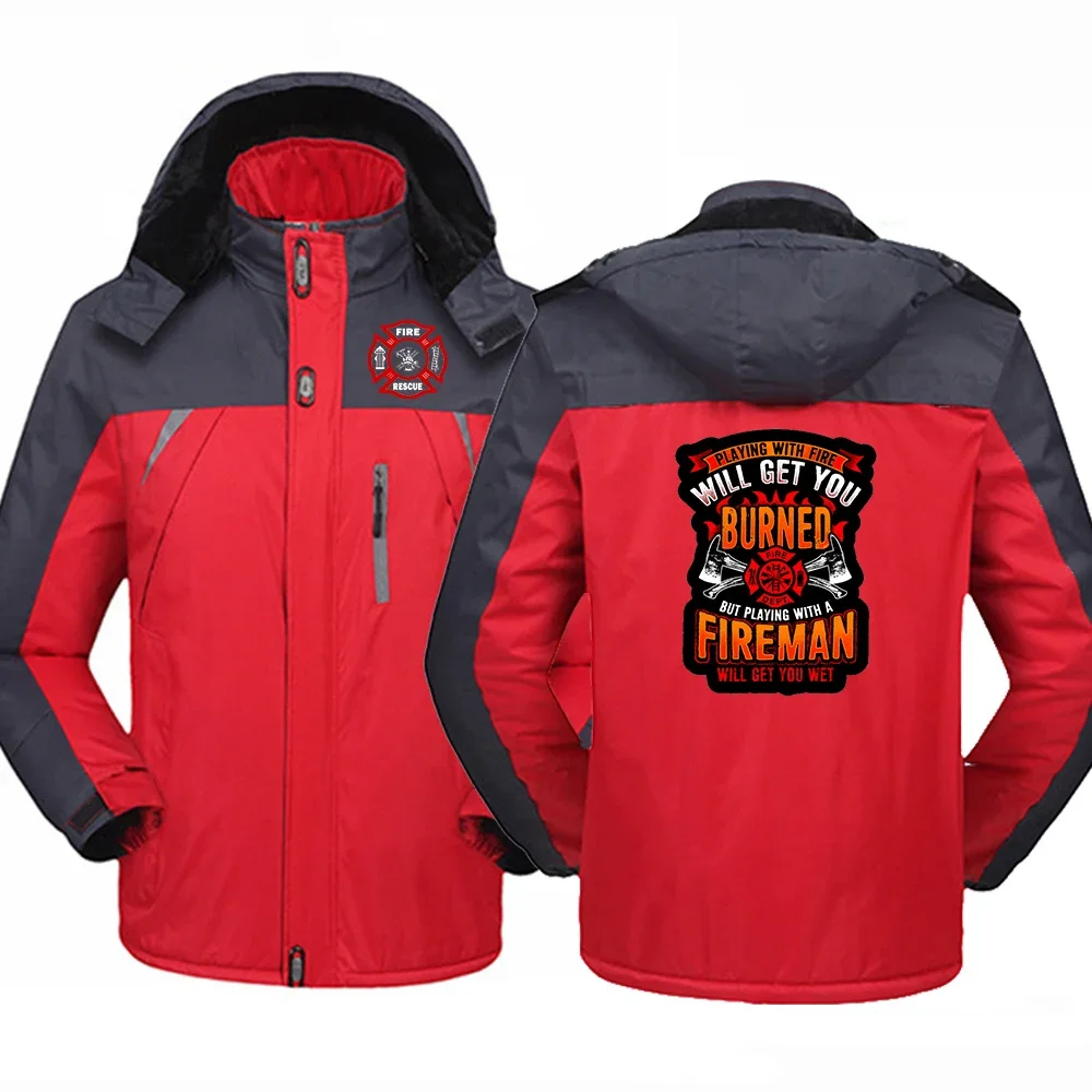 2024 Autumn Winter Men's Firefighter Rescue Team Logo Print Personality Thickened Warm Outdoor Patchwork Windbreaker Hooded Coat