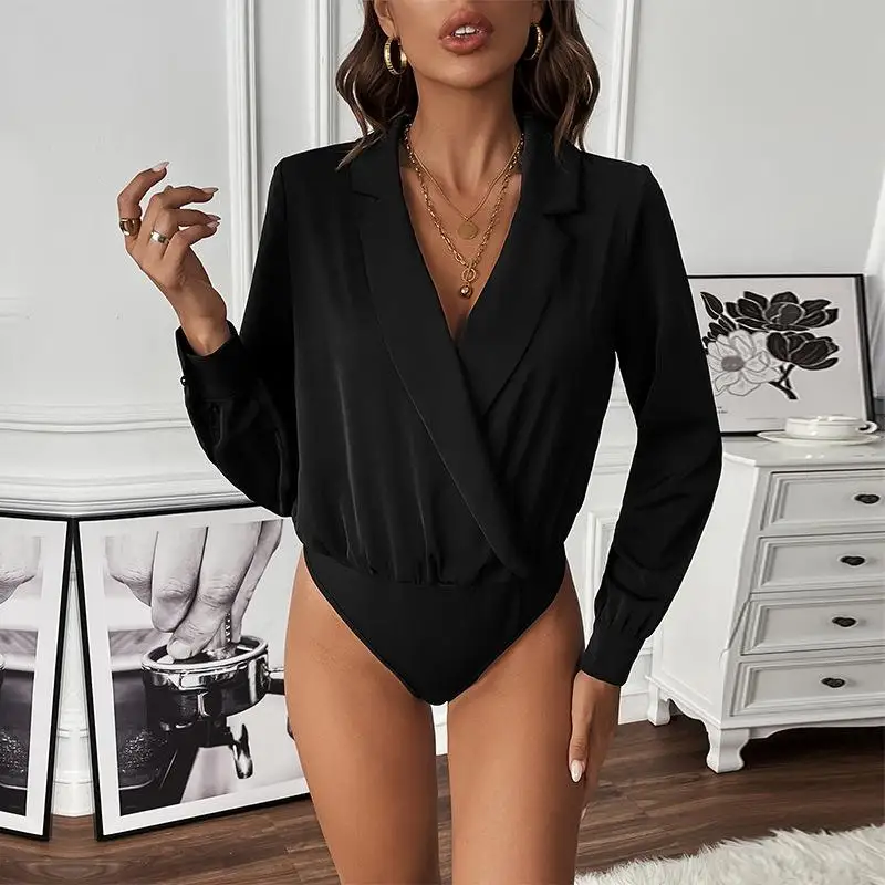 

Women's Long Sve Bla Lapel Jumpsuit Slim Fit mid Waist ort Pants Thin Autumn Faion Ladies' One-Piece Suit