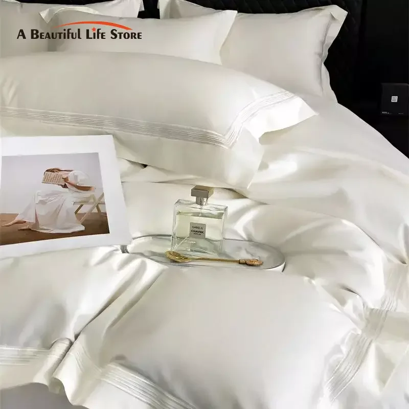 Egyptian Cotton Bedding Set, Luxury Embroidery Duvet Cover Set, Bed Sheet, Pillowcases, Solid Color, Hotel Style, High Quality