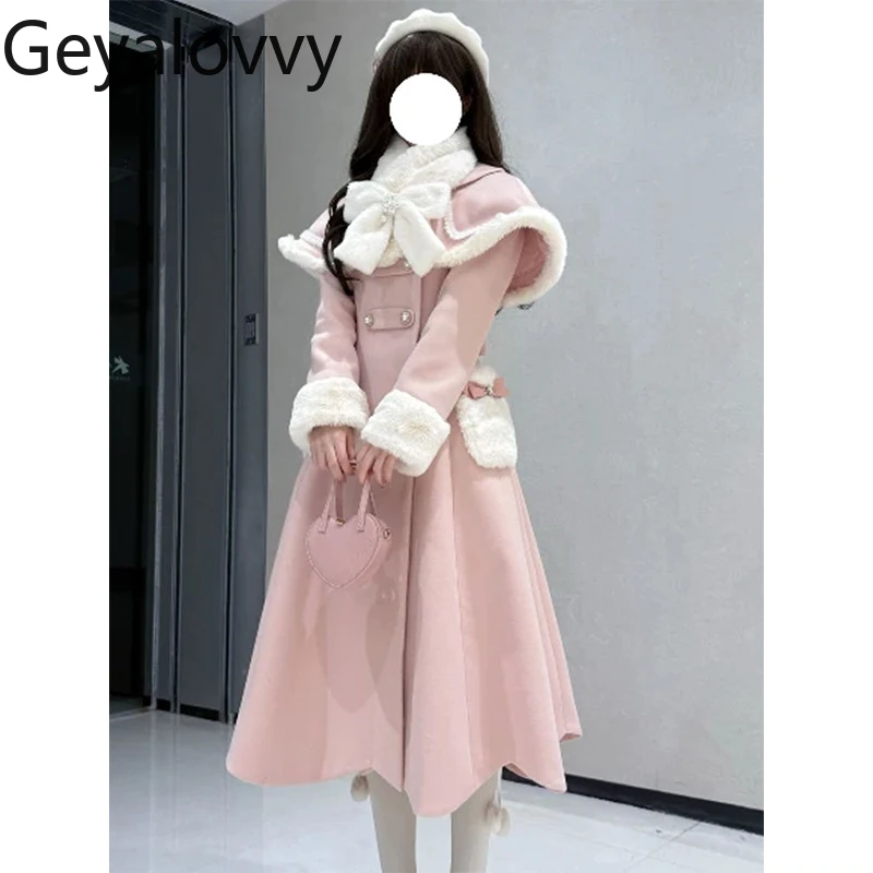 الوردي منتصف طول مبطن انفصال كيب معطف على شكل ثوب الخريف الشتاء لوليتا فتاة حلوة الدانتيل متابعة عالية الخصر التخسيس ماكسي فساتين