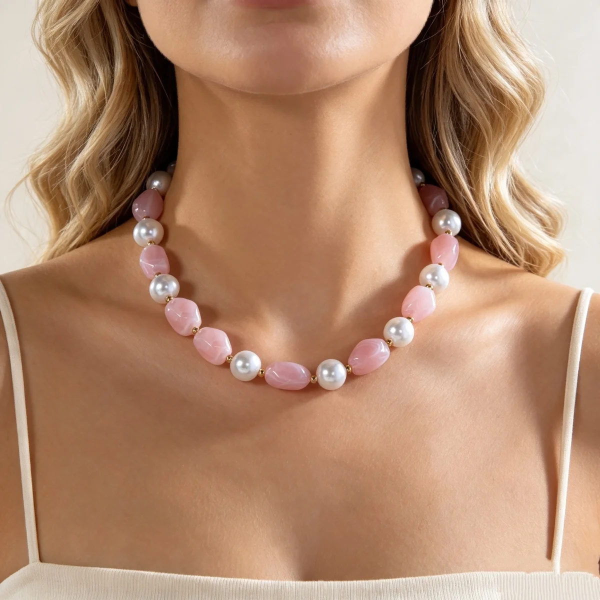 Französische sanfte barocke Halskette mit simulierten Perlen aus rosa Harz für Damen und Herren, elegante, süße, unregelmäßige Perlen, Choker-Schmuck, Geschenk – Detail 5