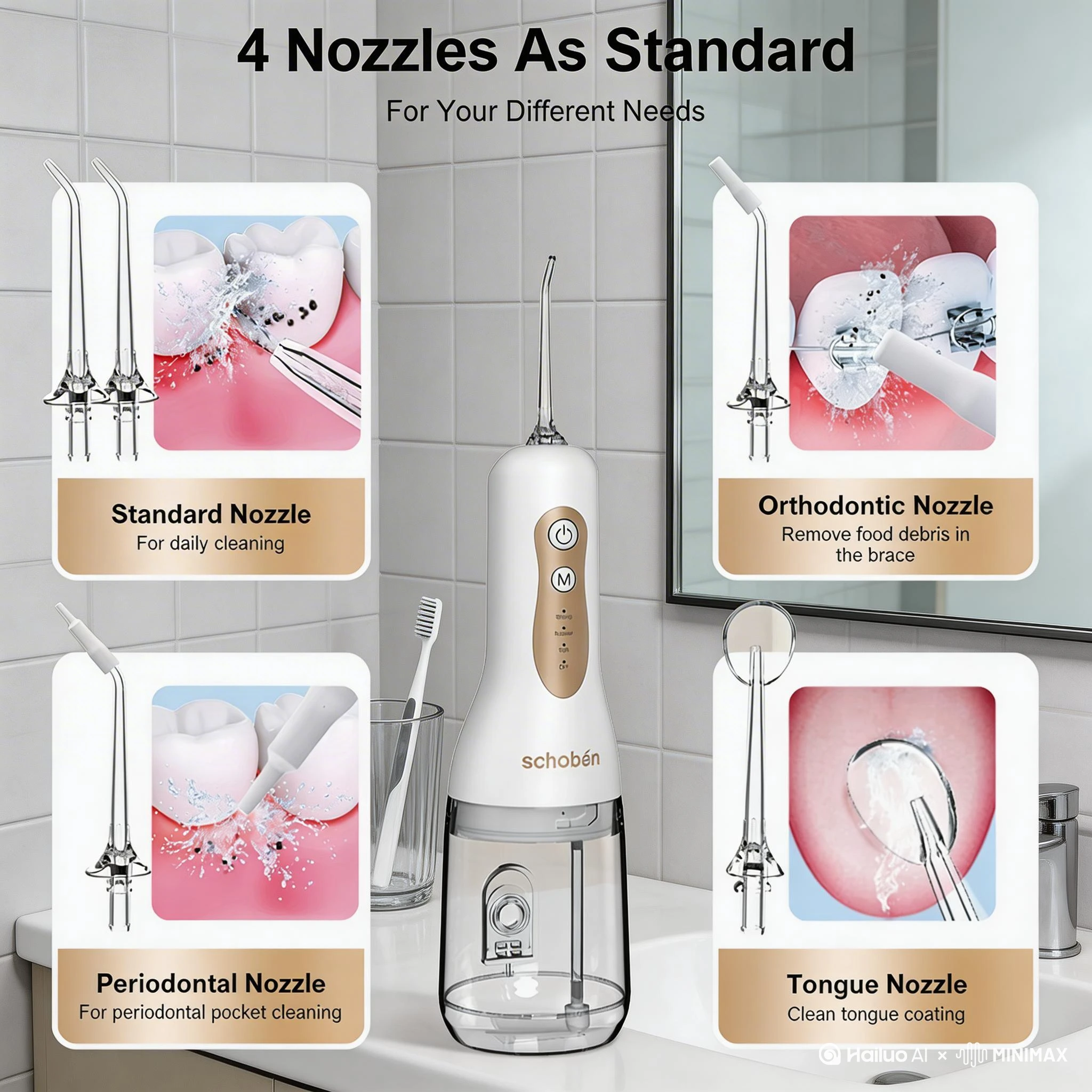 Schoben Water Flosser 2.0, a Portable Oral Irrigator, Features USB Charging, 4 Cleaning Modes, and a Large-Capacity Water Tank