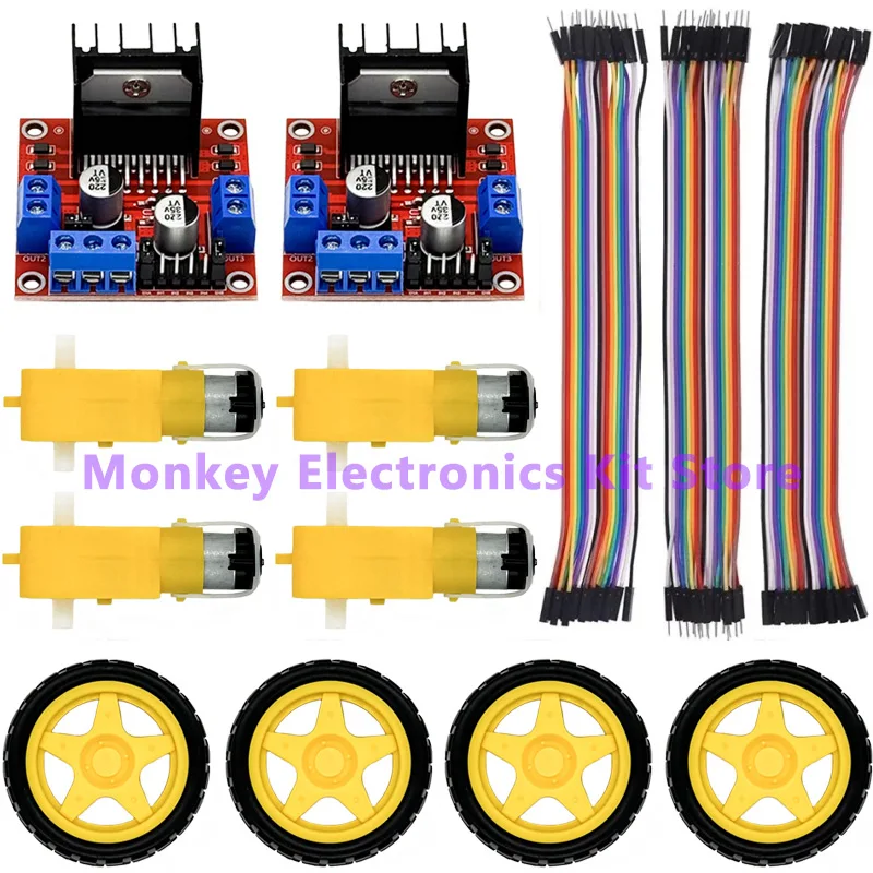 2 L298N+4 motors +4 wheels +3 kinds of DuPont lines with 20 pin each in 20CM or 2 L298N 2 motors 2 wheels 3 kinds of DuPont Line