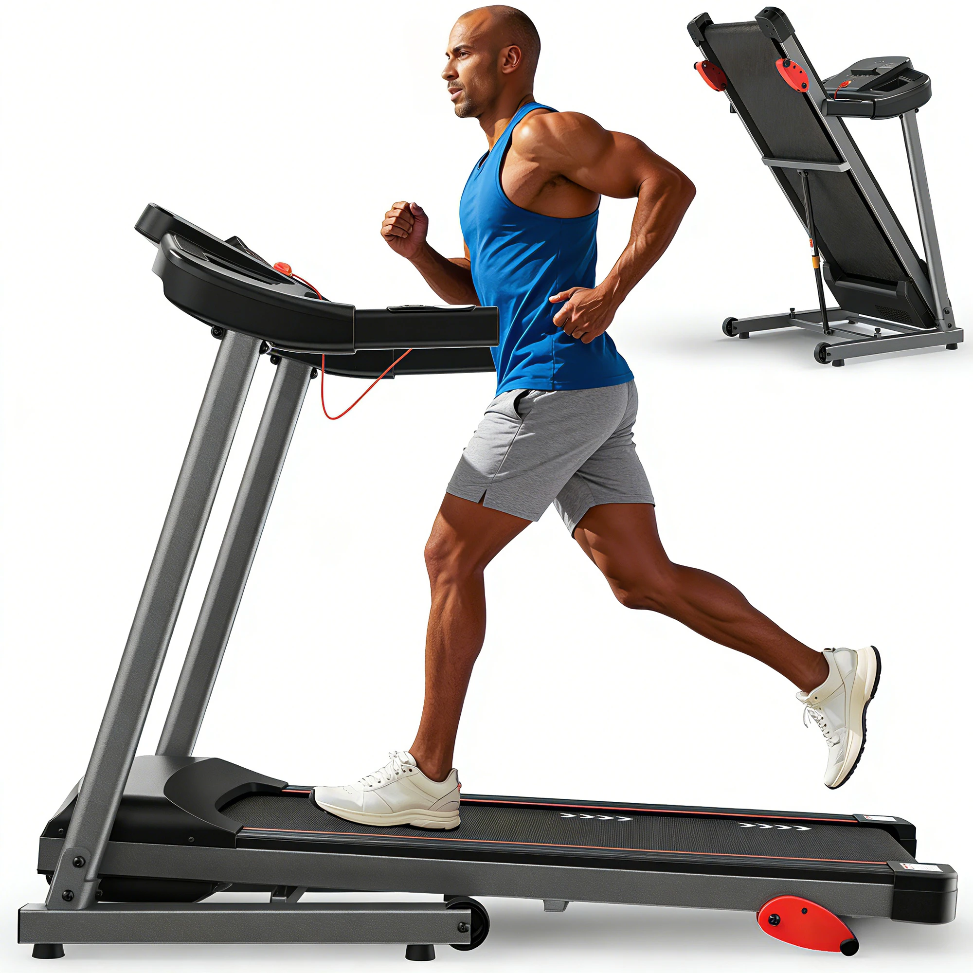 Składana bieżnia domowa 2.5HP, elektryczna maszyna do biegania, prędkość 1-12 km/h, 3-stopniowa manualna regulacja nachylenia, udźwig 120 kg, Bluetooth, aplikacja fitness.