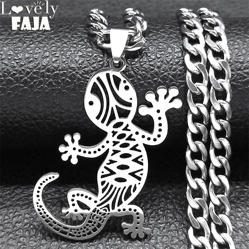 Lucky Lizard Gecko Necklace Stainless Steel Chain for Men Women Animal Hip Hop Punk Hollow Necklaces Jewelry Gifts NZZZ515S03