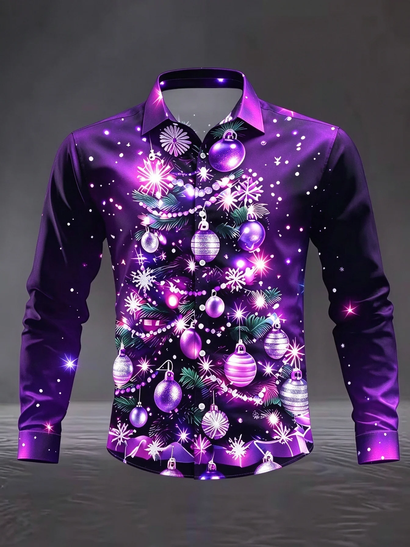 Men's Satin Long Sleeved Shirt Christmas Snowflake Print Lapel Button Shirt Christmas Party Casual Holiday High-quality Shirt