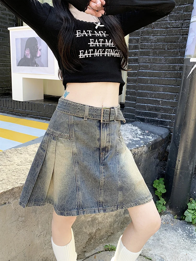 

Slergiri Streetwear Belted Pleated Mini Skirts Women Y2k Vintage 90s Casual High Waist Girls Washed A-line Short Skirts 2024