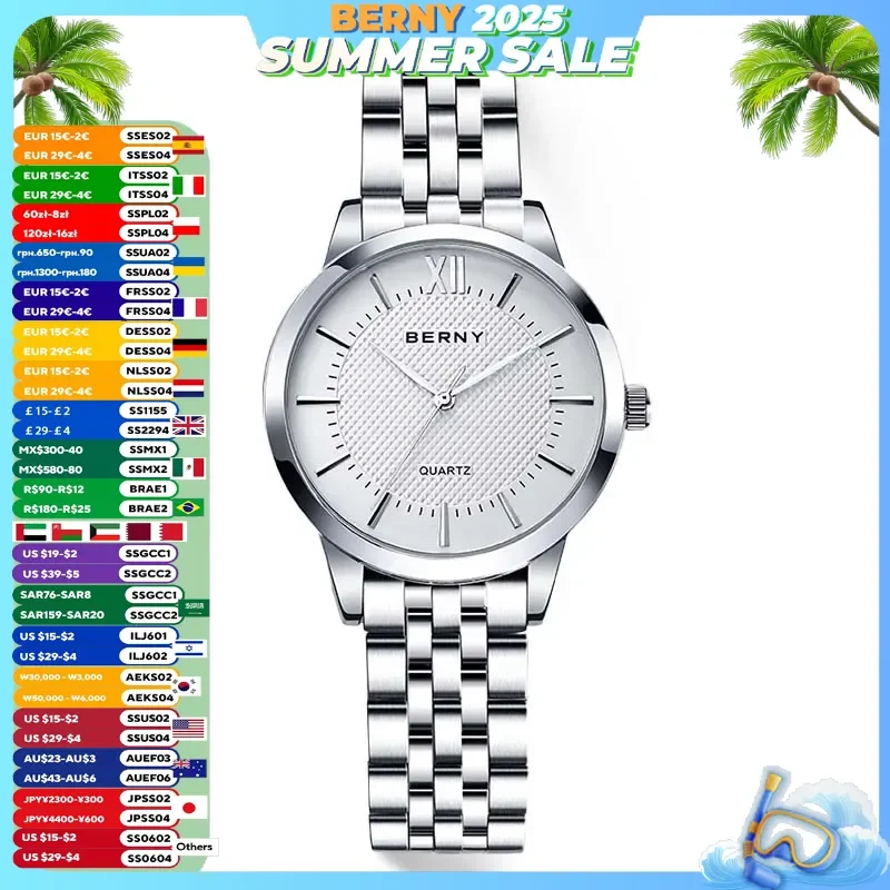 

BERNY Ladies Quartz Watch Women Fashion Simple Wristwatch Stainless Steel Japan Miyota 2035 Waterproof Watch for Women 2022