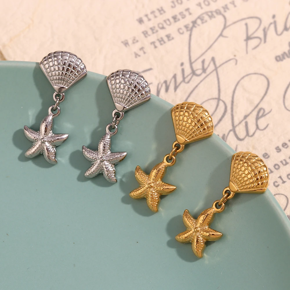 E.B.belle Scallop and Starfish Splicing Earrings 316L Stainless Steel Women's Earrings 18K Gold Plated Decoration