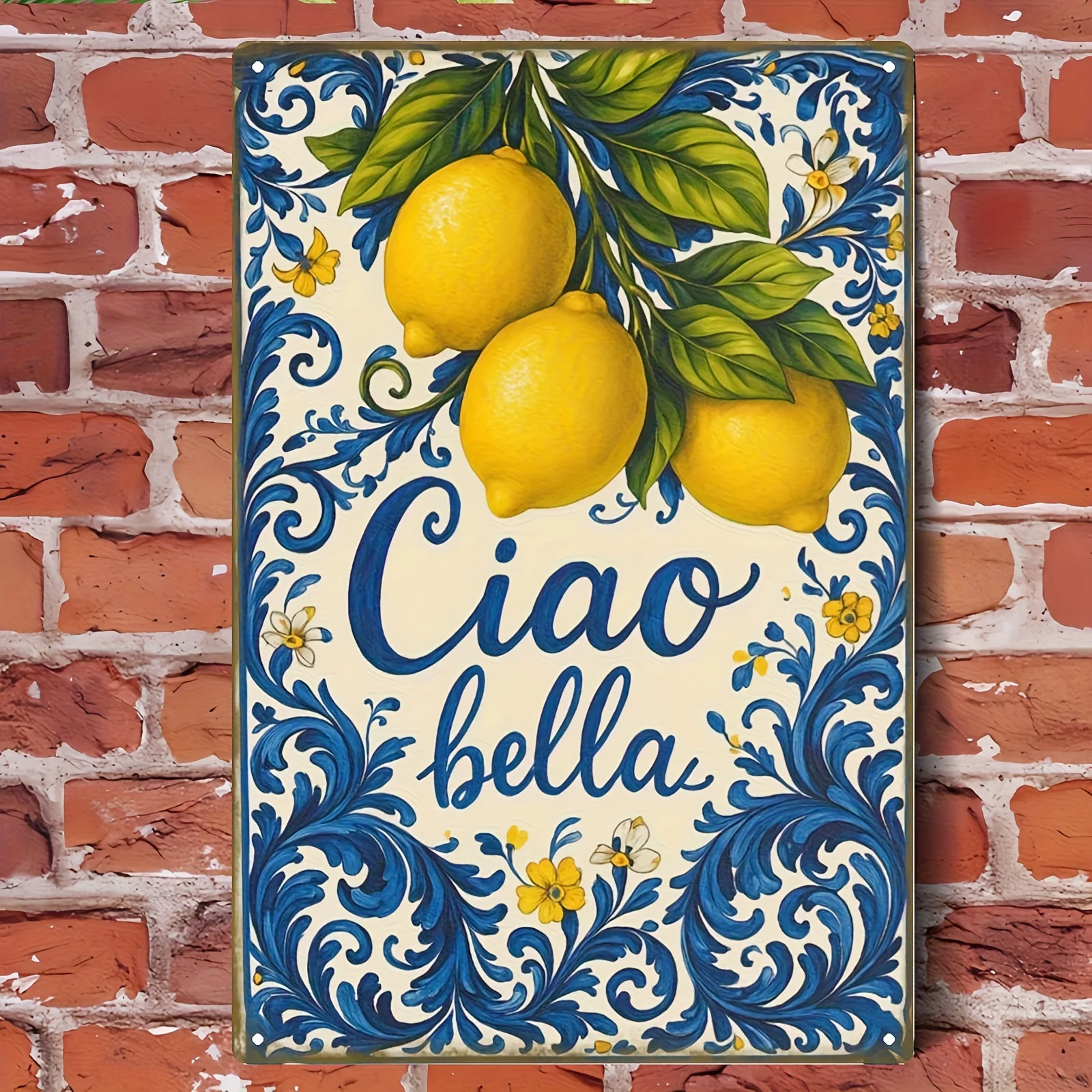 2D Flat, 1pc 2D Retro Metal Iron Sign | Blue and Yellow Lemon Decorative Painting with 