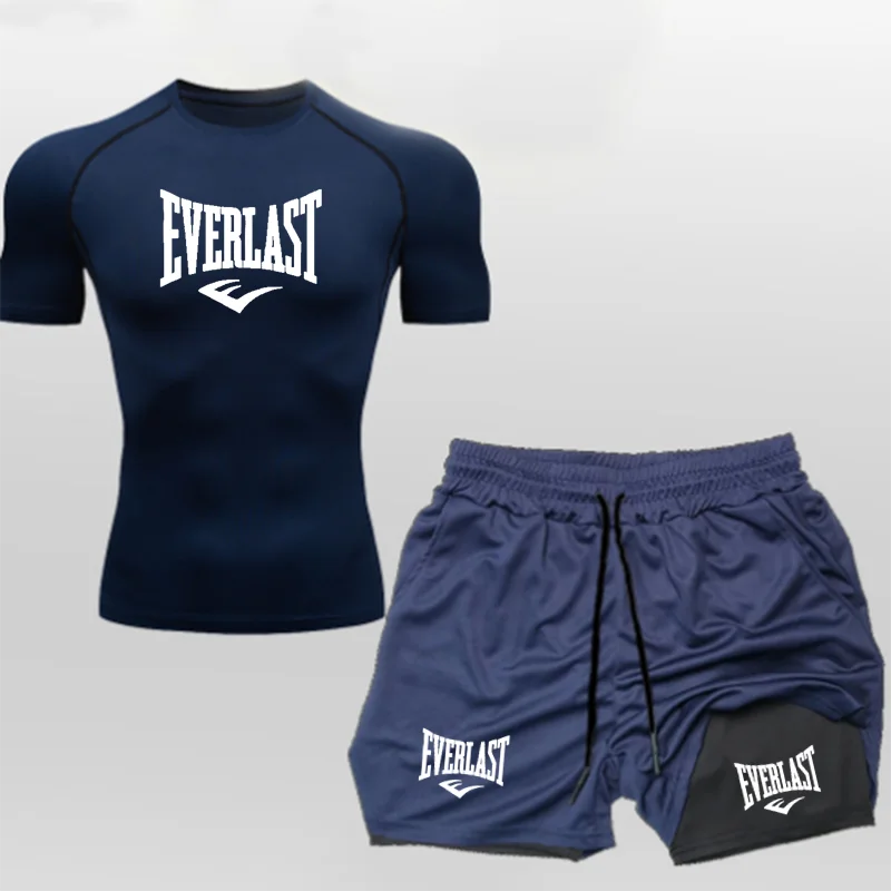 EVERLAST Men\'s Compress Shirt + 2-in-1 sports shorts 2pcs Set Leisure Breath Short Sleeve Sport Jogging Gym Brand Print Clothing