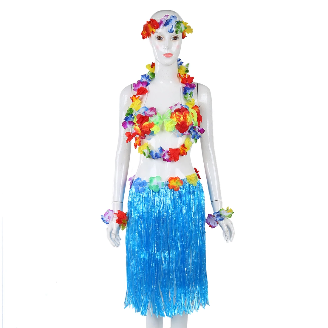 6 Set Hawaiian Grass Skirt flower Hula Lei Wristband Garland fancy Dress costume - Blue