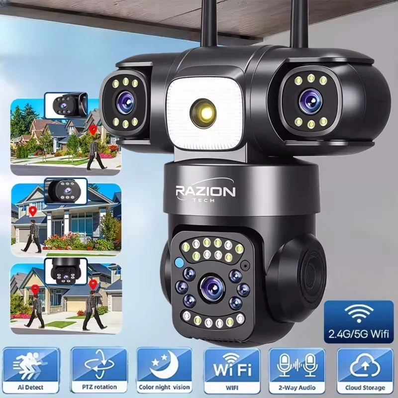 15MP Outdoor WLAN-Kamera 8K HD Drei-Linsen-Sicherheitskamera 5G&2.4G WLAN PTZ IP-Kamera 10-facher Digitalzoom Farbnachtsicht Zwei-Wege-Audio KI-gestützte automatische Personenerkennung und Verfolgung