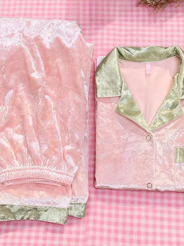 

Silk Velvet Sleepwear Set for Women Autumn Winter Home Clothes Lightweight Premium Color Block Gift for Girlfriend
