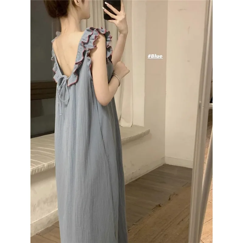 Women\'s Pajamas Dress Sexy Backless Nightgown Sleeveless Ruffles Loose Sleepwear Loungewear Ladies Solid Nightwear Homewear