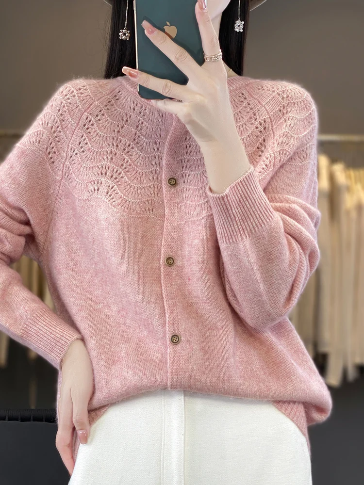 

New Women's Hollow Basics Cardigan O-Neck Cashmere Sweater Autumn Winter 100% Merino Wool Knitwear Female Grace Soft Comfort Top