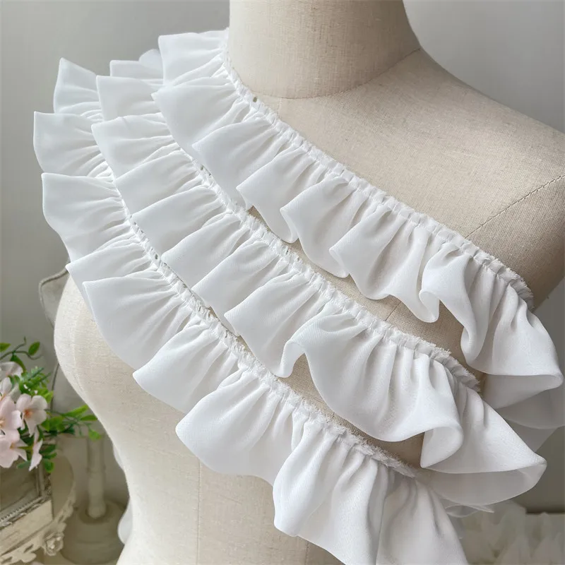 5CM Wide White Double Layers Chiffon Fabric Needlework Frilled Ribbon Ruffle Trim Wedding Dress Collar Cuffs Sewing DIY Crafts