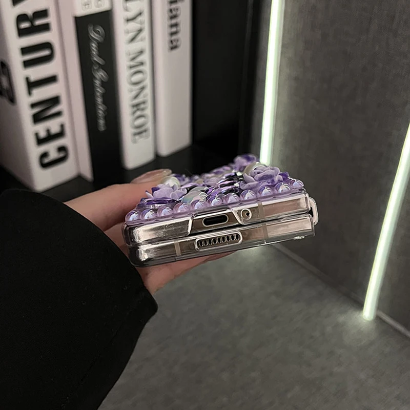 Luxury Bling Rhinestone Pearl Flower Phone Case For Samsung Galaxy Z Fold 7 6 5 4 3 Cute 3D Floral Purple Crystal Clear PC Cover