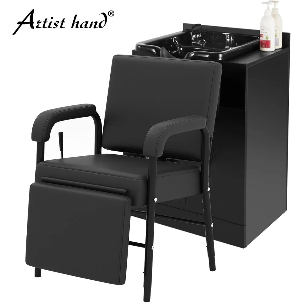 كرسي شامبو احترافي للاستلقاء في صالونات التجميل مع دعم للساق لمصففي الشعر وعلاجات التجميل في السبا باللون الأسود