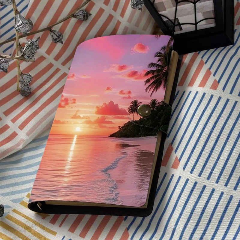 Soft Leather Cover Notebook With Pink Sunset Tropical Beach & Palm Tree Print, Summer Ocean Scenery Journal with Snap Button Clo