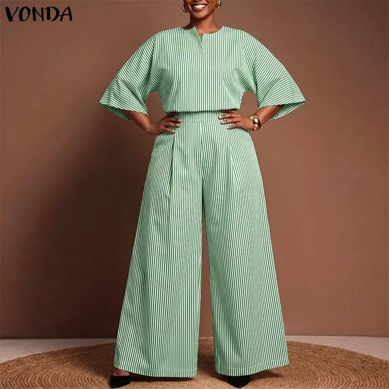 VONDA Summer Autumn Women Plus Size Sets Fashion Striped Pants Sets 3/4 Sleeve Tops Wide Leg Pants Long Trousers 2PCS Oversize