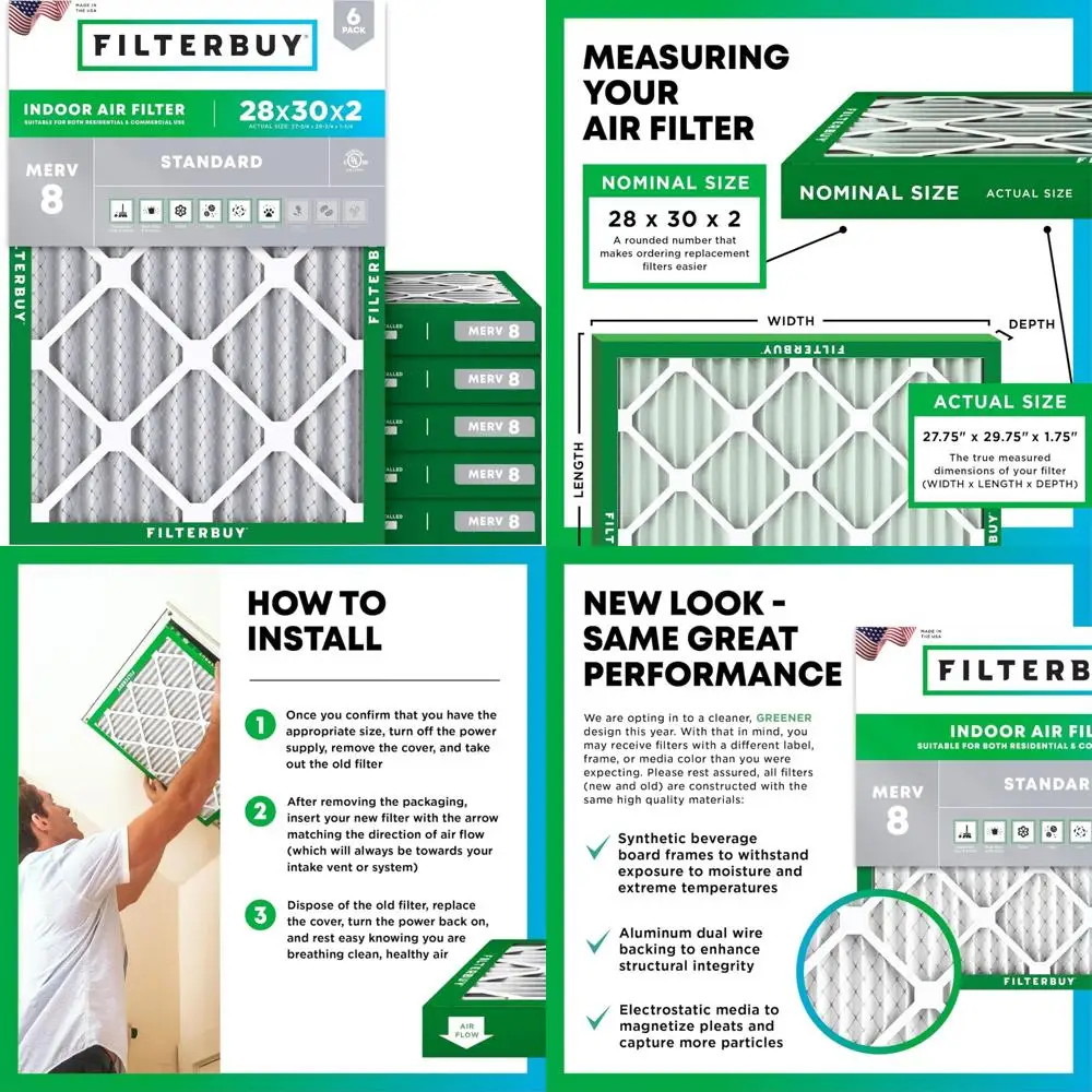 

Electrostatic Pleated Air Filters MERV 8 Dust Defense Replacement 6-Pack HVAC AC Furnace Filters 28x30x2