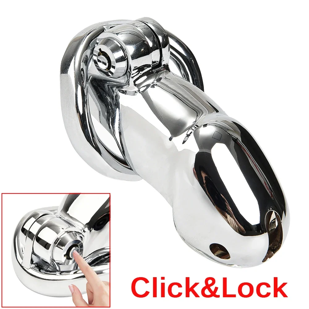 Stainless Steel Click&Lock Male Chastity Device Cock Cage Bondage Sex Toys for Men Penis Lock Adult Game