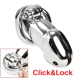 Stainless Steel Click&Lock Male Chastity Device Cock Cage Bondage Sex Toys for Men Penis Lock Adult Game