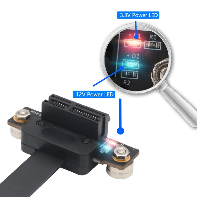15CM PCI Express 1X Extension Cable with 3.3V 12V Power LED Magnetic Foot Pad Dual 90 Degree Right Angle 8Gbps PCIE 3.0 X1 Riser