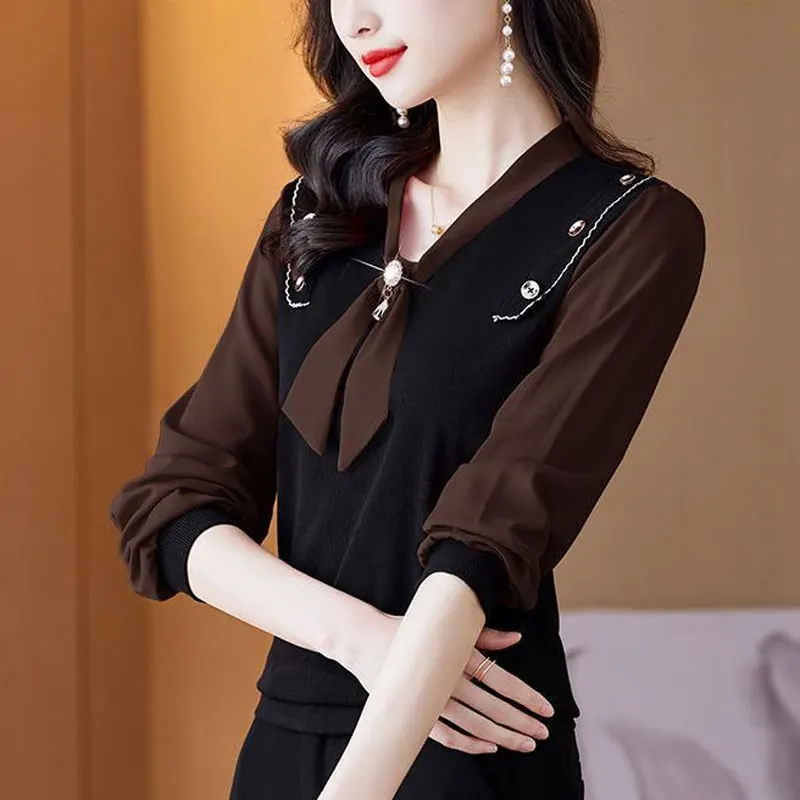 Stylish V-Neck Bow Slim Shirt Female Clothing Contrasting Colors Patchwork 2024 Spring Autumn Button Commute Long Sleeve Blouse