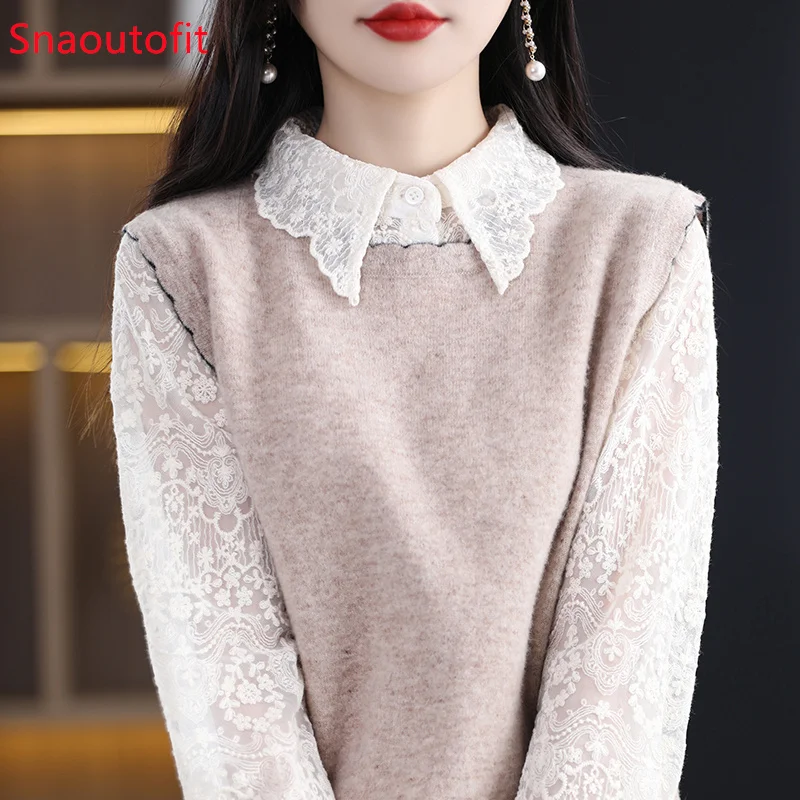 Lacework Round Neck Pure Wool Knitted Vest Women\'s Sleeveless Pullover Cashmere Sweater 2023 Spring and Autumn Loose Overlay Top