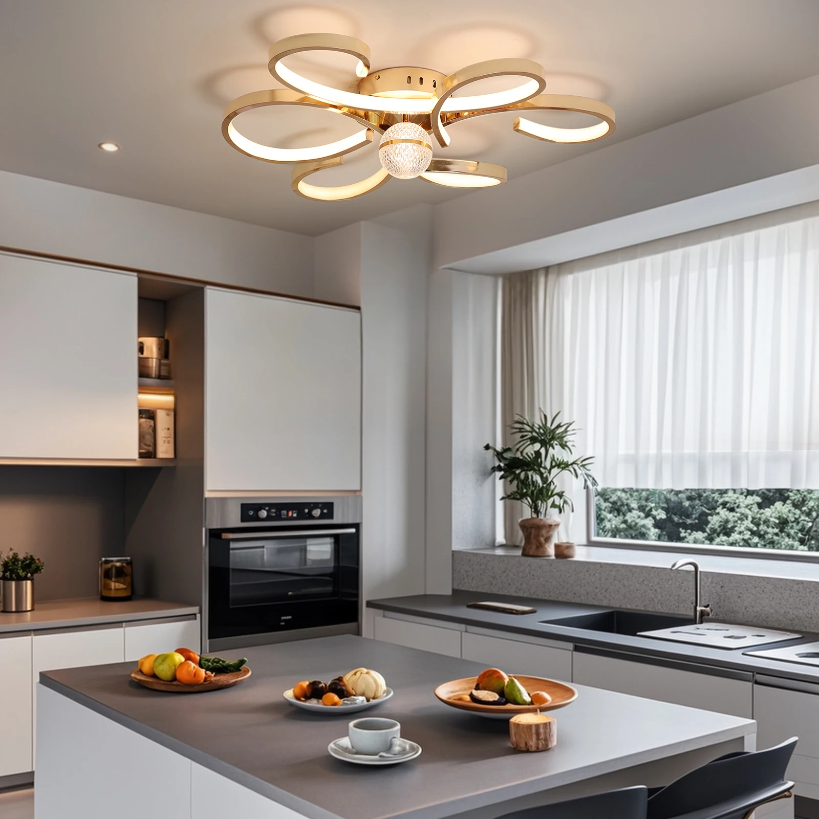 D60cm Modern LED Ceiling Light with Remote Control, Dimmable Floral Chandelier for Bedroom Kitchen Study, Finish Ceiling Lamp