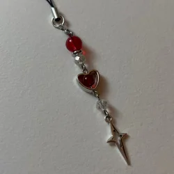 Red bead heart-shaped North Star mobile phone accessory keychain Y2K fashion handmade mobile phone accessory gift for her