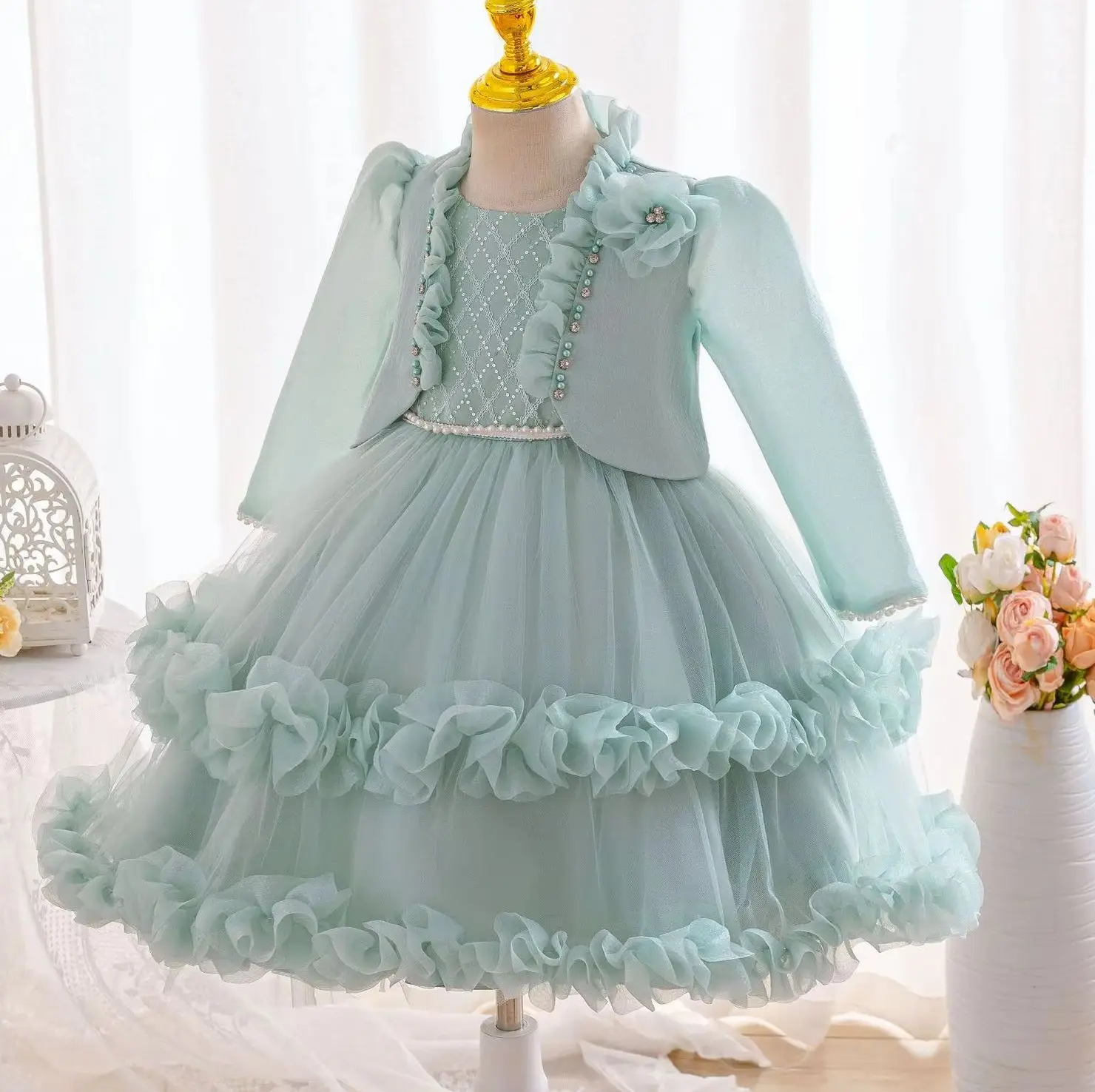 Formal Dresses Elegant Girl Party Dress Pearls Princess 2 PCS Set Birthday Long Sleeve Kids' Clothes 3 to 8 Year