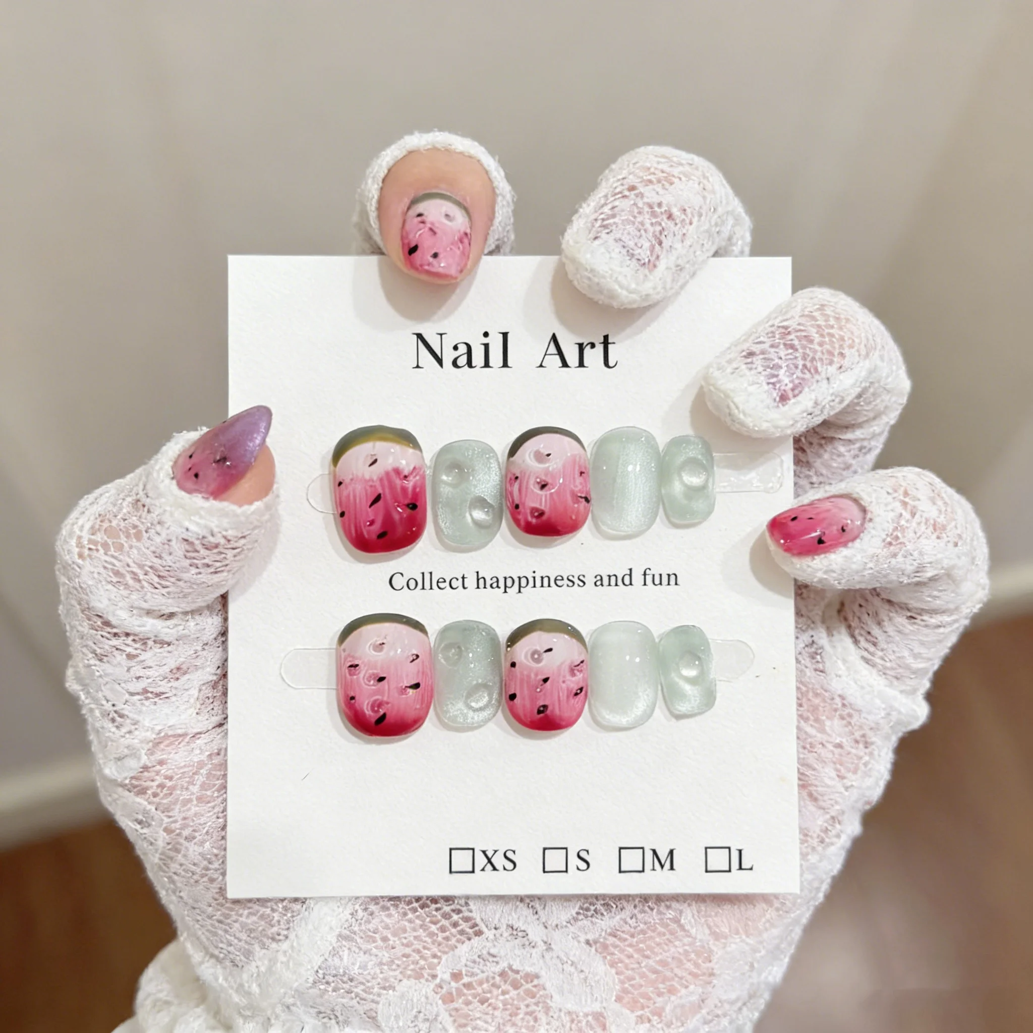 

10pcs Nude Cat Eye Handmade Nails Watermelon Fresh Fruit Press on Nail Short Square Round Fake Nail for Women&Girl False Nail