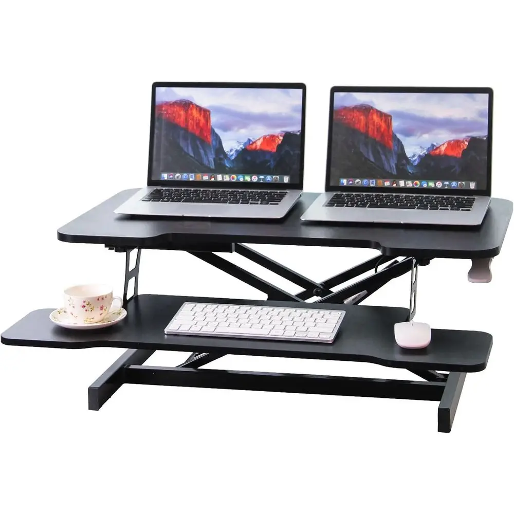Standing Desk Converter, 32" Height Adjustable Sit to Stand Up Workstation, Dual Monitor Desk Riser with Keyboard Tray, Black De